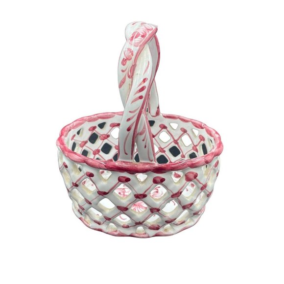 Ceramic Woven Egg Basket Portugal Hand Painted Braided Handle Pink White 7” - Picture 1 of 8